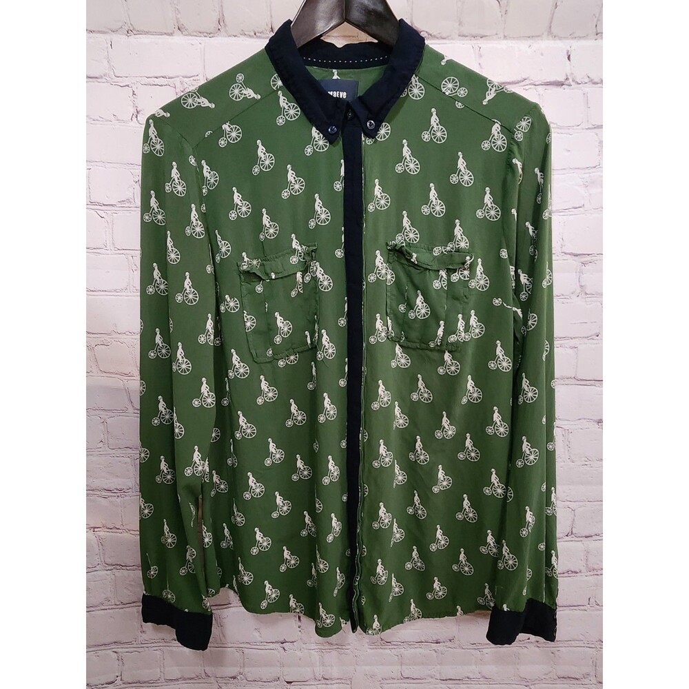 Maeve Anthropologie Bicycle Print Button Down Blouse Womens 8 Green Blue